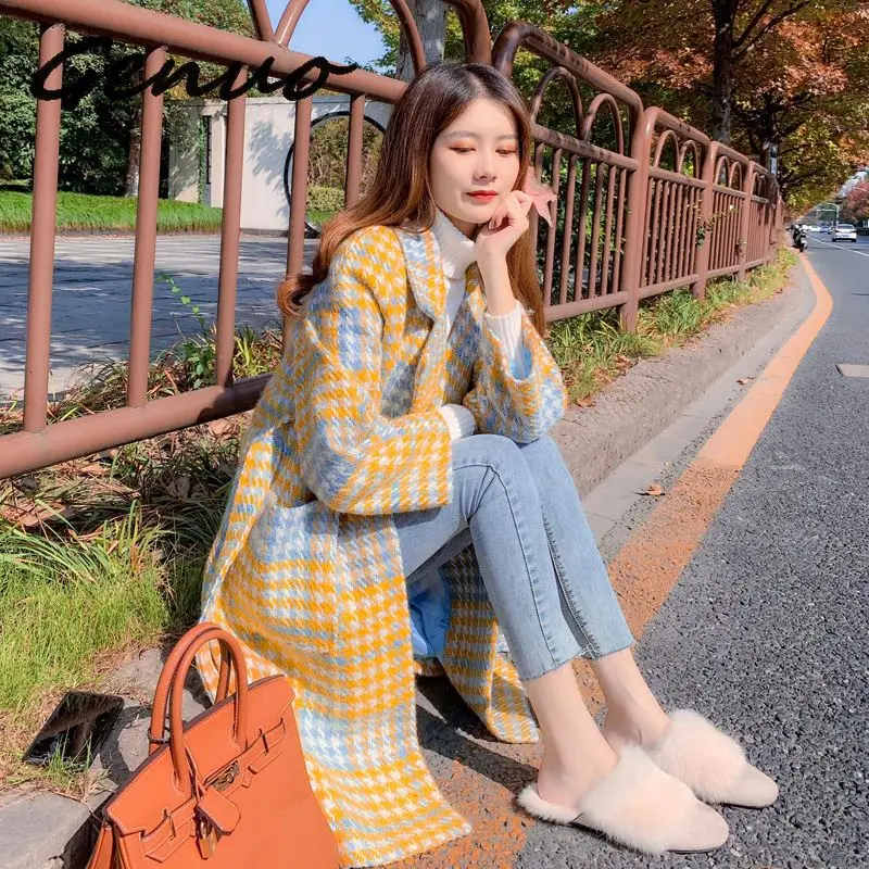 Осень Зима плотное Желтое Пальто клетчатое пальто женское длинное корейский