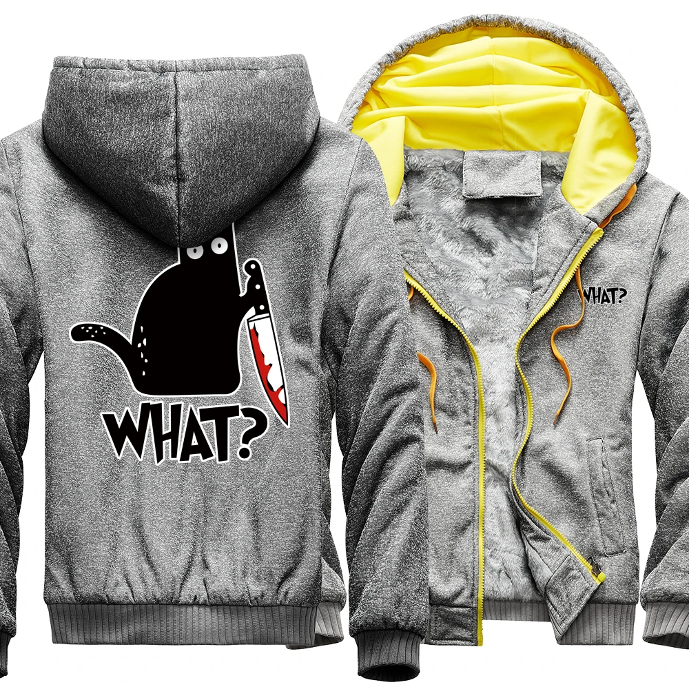 

Cartoon Black Cat What Funny Print Hoodies for Men Winter Casual Streetwear Fashion Thicken Clothing Pocket Fleece Hoody Male