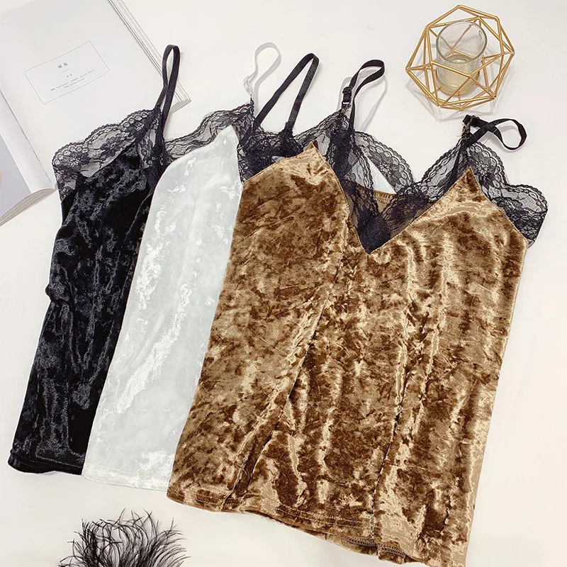 Женские Модные кружевные лоскутные велюровые майки с открытой спиной тонкие