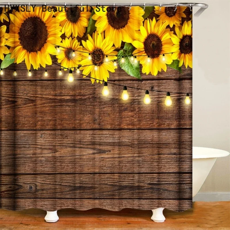 

Floral Sunflower Printing Shower Curtain Bathroom Waterproof Polyester High End Material Curtains for Bathroom Decor with Hooks