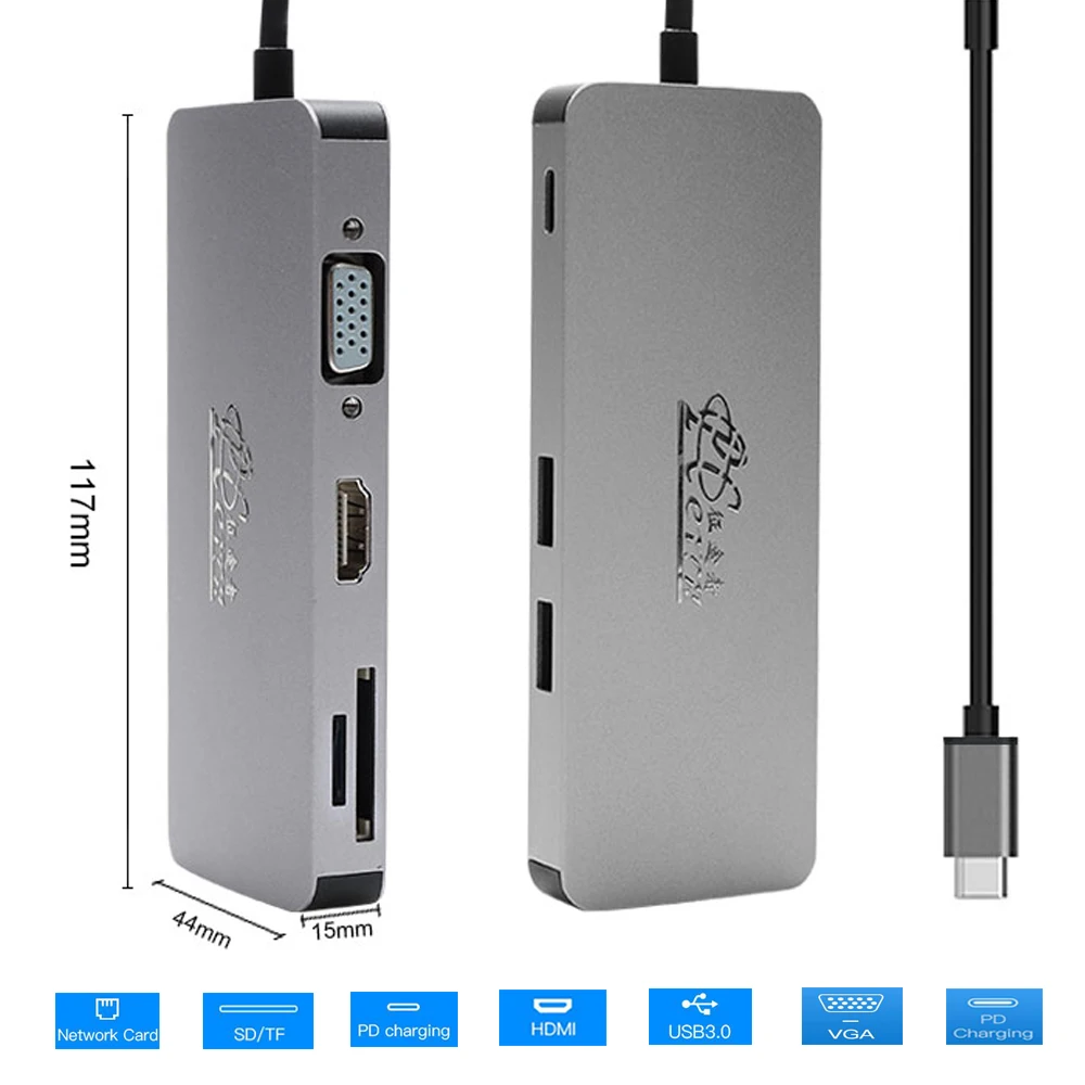 USB C концентратор к USB3.0 HDMI VGA RJ45 Gigabit Ethernet SD/TF PD зарядки адаптер док станции Тип c