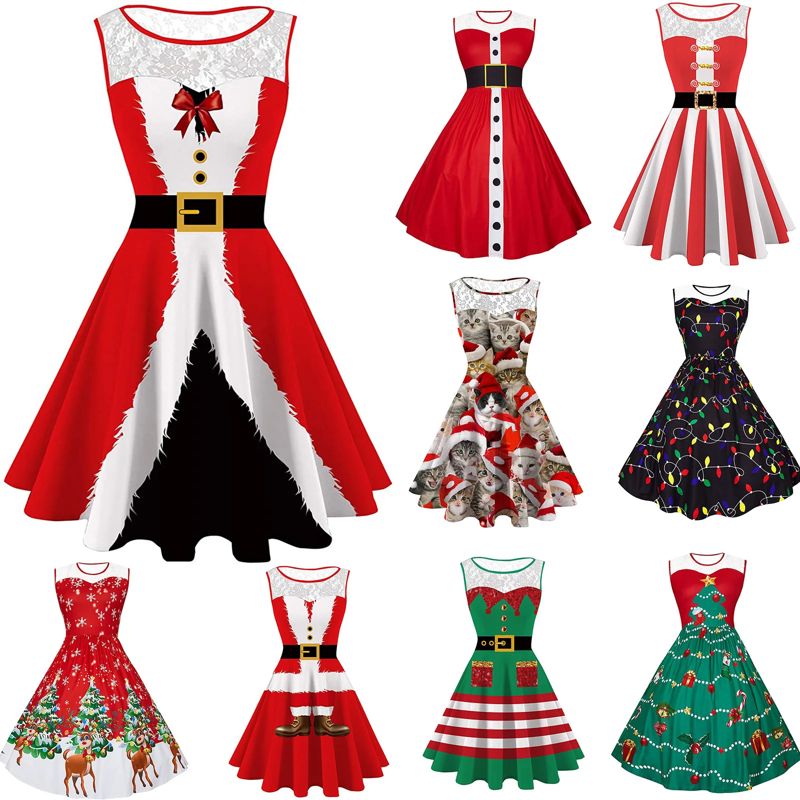 

Women Christmas Dress Santa Deer Xmas Vintage Party Swing Half Sleeve Printed Waisted Midi Dress for Holiday Party