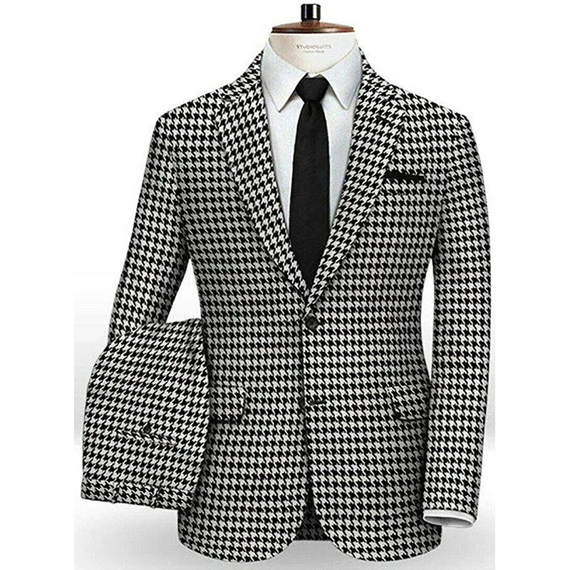 Men’s Slim Fit Suits Formal Party Houndstooth Tuxedo Office Business 2 Piece Jacket And Pants Set Groom Wedding Blazer Masculino