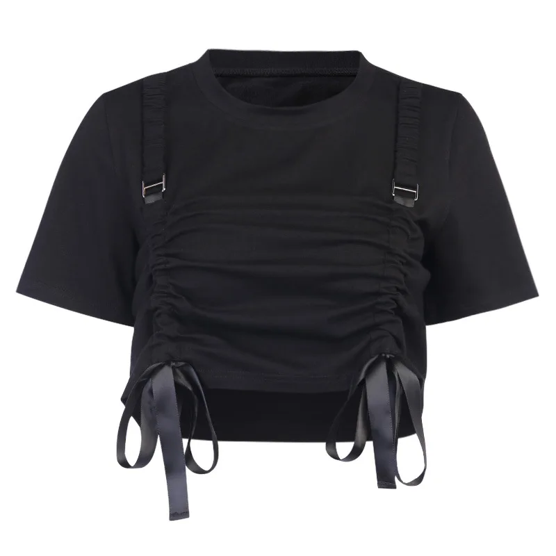 

Women Gothic Solid Clor Tops Sexy Crewneck Spring T Shirts Casual Drawstring Ruched T-shirt Streetwear Tooling Style Female