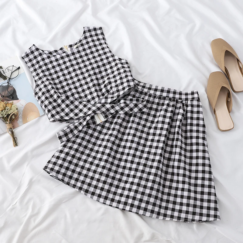 Женский клетчатый топ на молнии и юбка летний комплект из двух предметов с топом