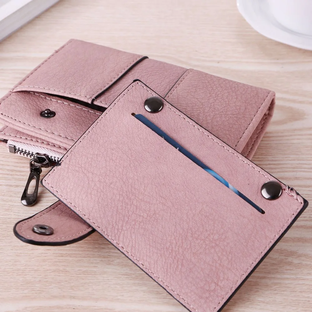 

Women Short Wallet Matte Leather Small Zipper Purse Three-Fold Soft Wallets Fashion Rivets Simple Card Holder Mini Money Bag
