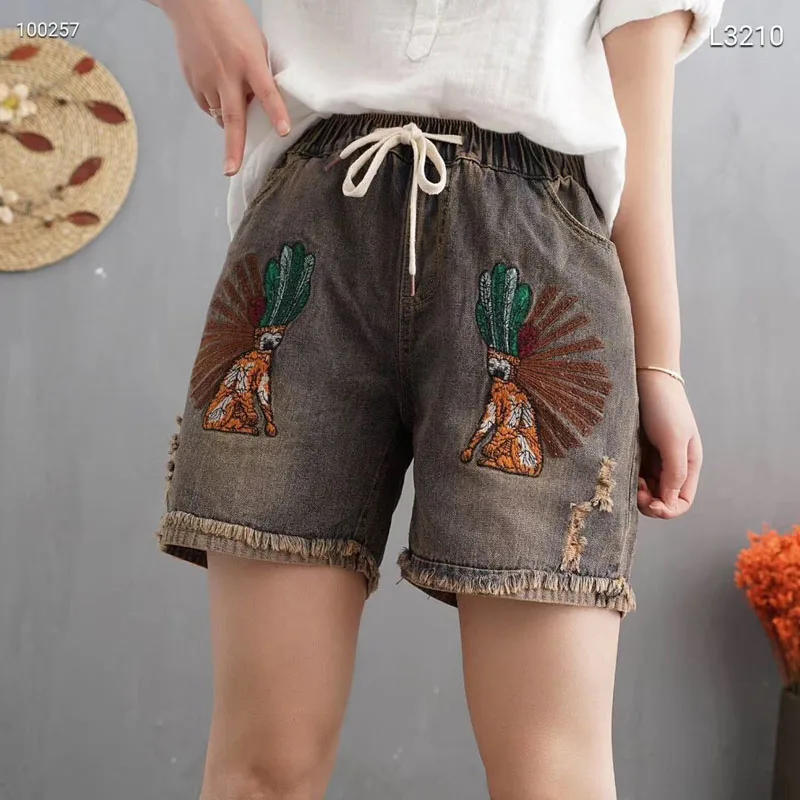 Style 1 QPFJQD дамы мультфильм вышитые джинсовые шорты для женщин отверстия Эластичный Высокая талия хлопок Короткие Джинсы Брюки Feminino тонкие - Цвет: Style 1