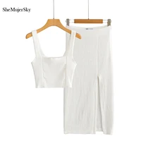 shemujersky summer white knitted matching sets 2021 camisole cropped tops and midi skirts 2 pcs set suits