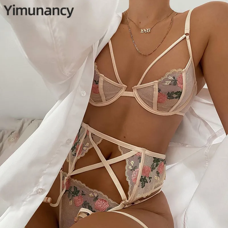 Yimunancy Цветочная кружевная Вышивка Нижнее белье 3 предмета Комплект сексуальное