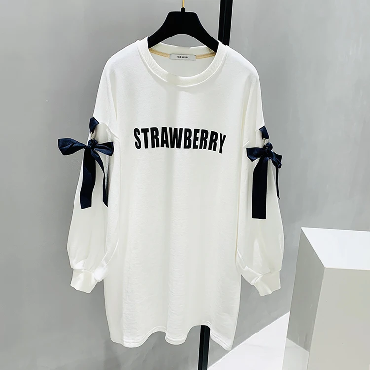 

Свитшот женский оверсайз с надписью клубника, модный длинный пуловер в Корейском стиле с поясом и рукавами-фонариками, Свободный Топ на осе...