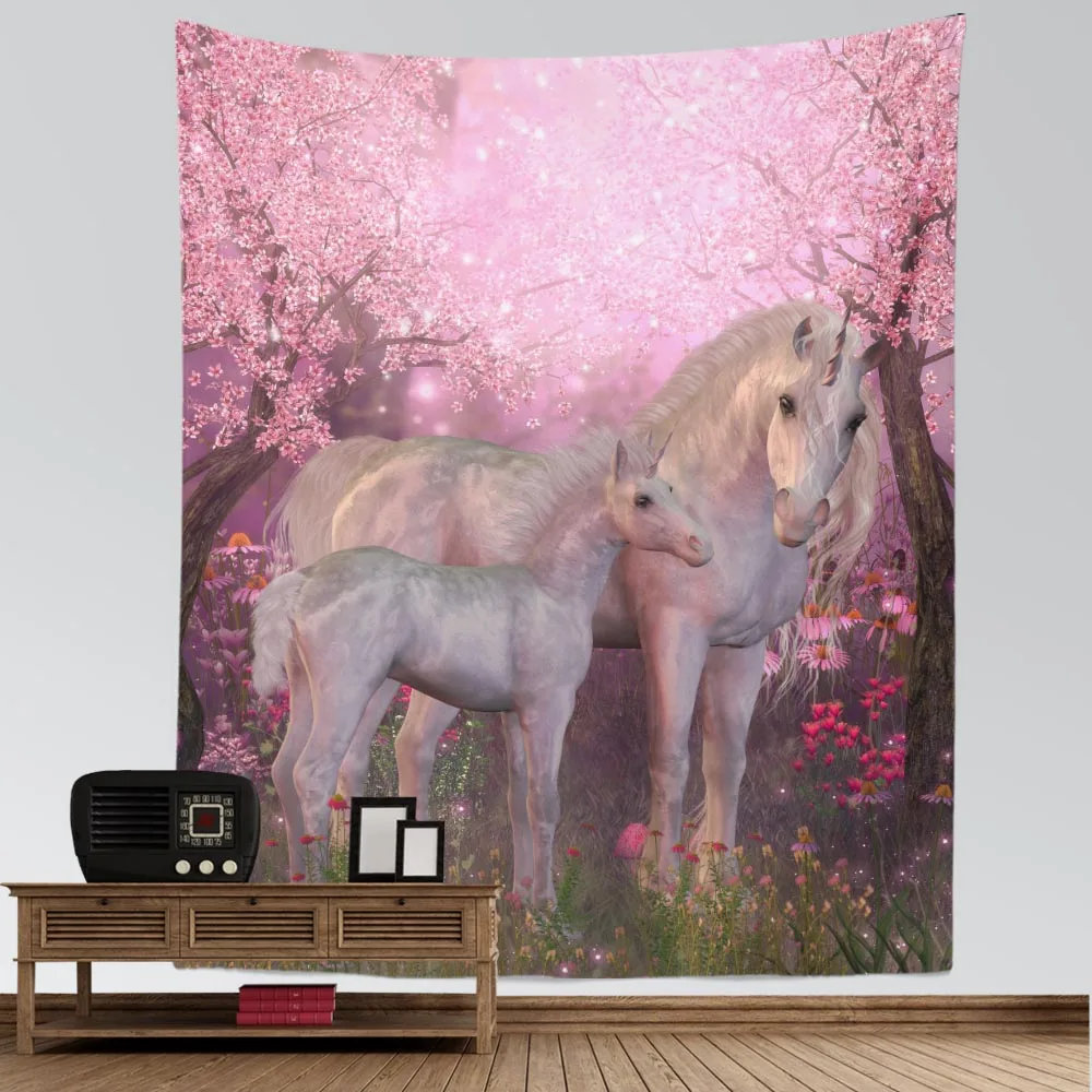 "Настенная гобеленовая ткань с изображением лошадей и цветущей вишни для украшения комнаты, спальни и занавески"