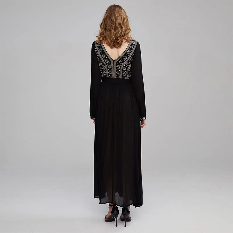 

Autumn Black Women Dress 2020 New Maxi V Neck Embroidery Beach Boho Style Long Sleeves Female Dresses Holiday Backless Vestidos