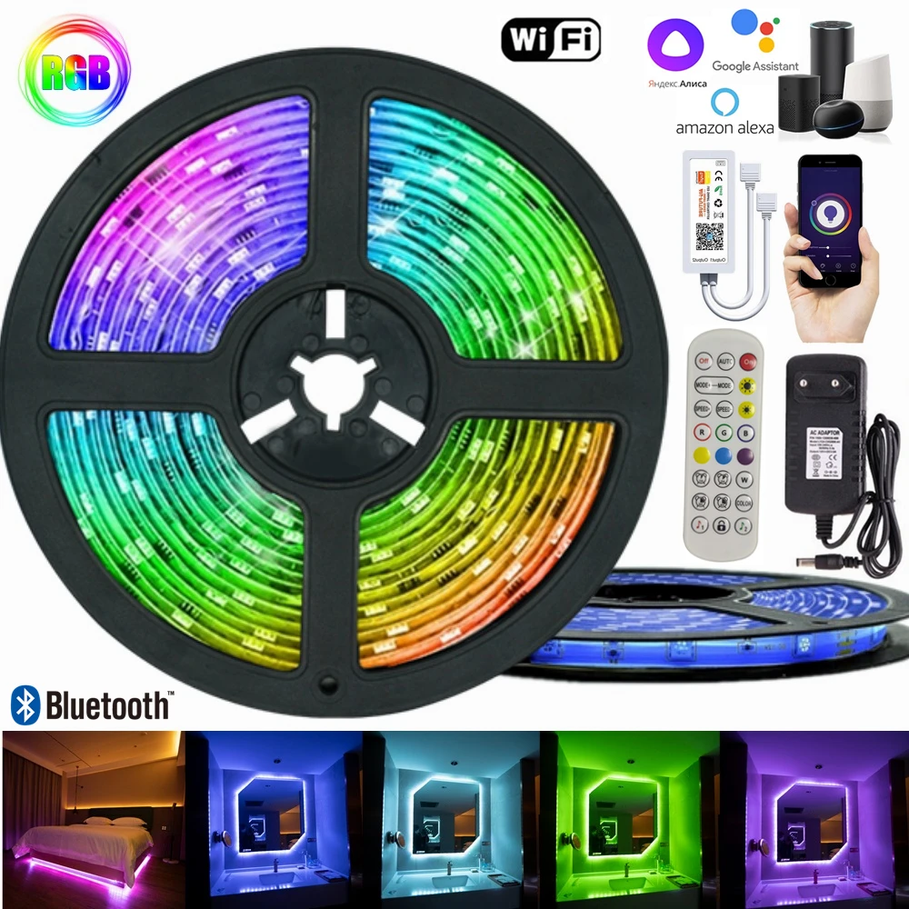 

5050 LED Light Strip Smart Lighting For Bedroom Decoration Flexible Diode Lamp String Wifi Bluetooth Controller Background RGB