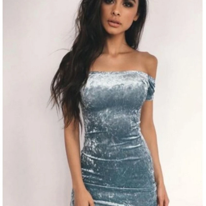 

Spring Summer Velvet Vest Dress Sexy Women Slash Neck Strapless Dress Sleeveless Blue Bodycon Casual Dresses