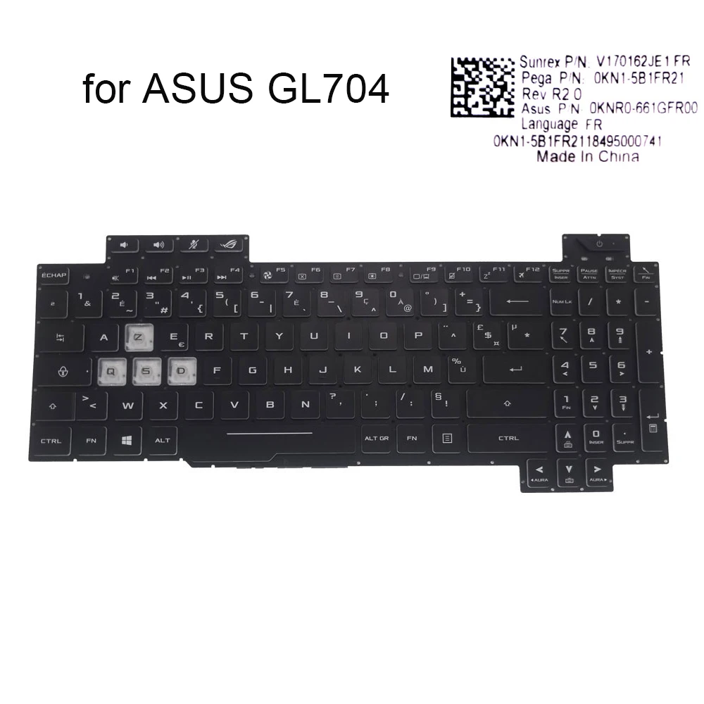 

French azerty Backlight keyboard for ASUS ROG Strix GL704G GL704GM DH74 GL704GV GL704 FR keyboards crystal keycaps 0KN1 5B1FR21