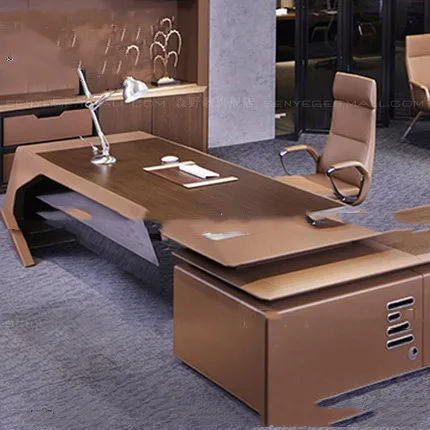 

Modern business fashion creative boss desk Italian solid wood saddle leather simple president big desk