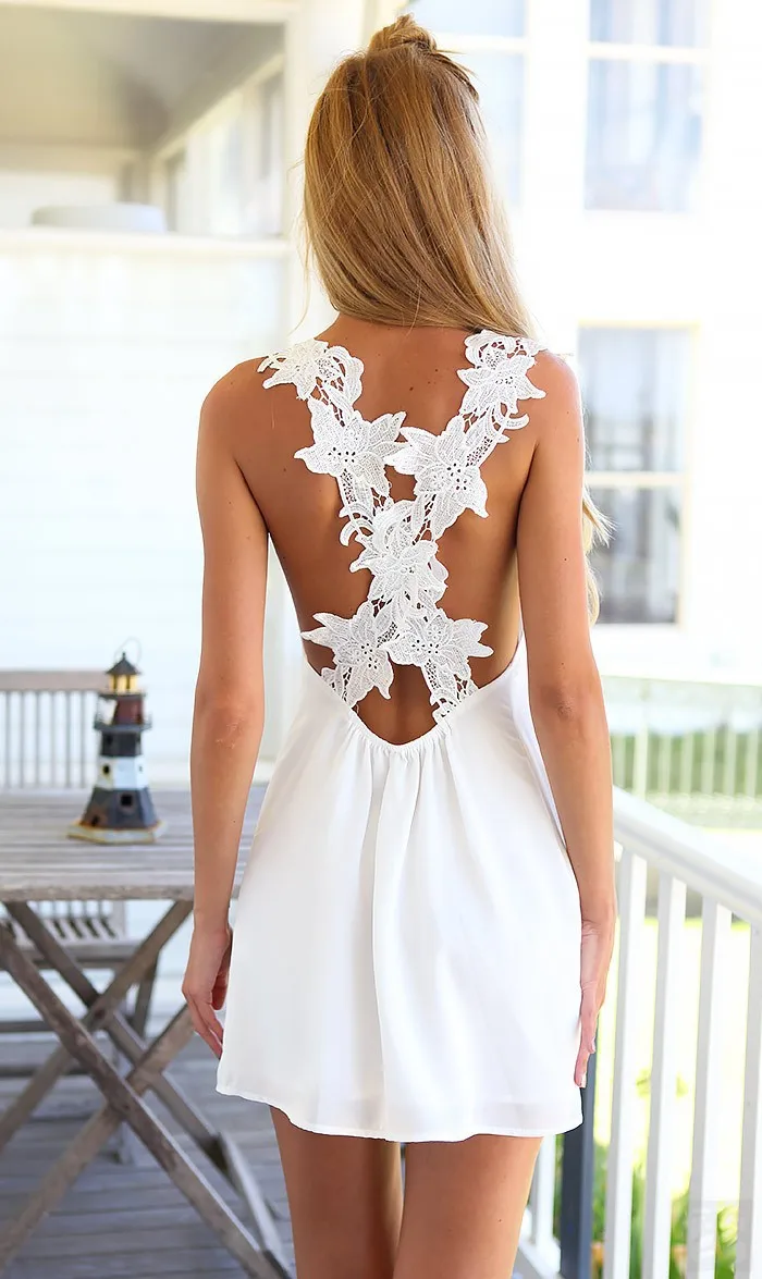 

New Fashion Casual Summer Dress White Sleeveless Spaghetti Strap V-neck Mini Ladies Party Evening Dress