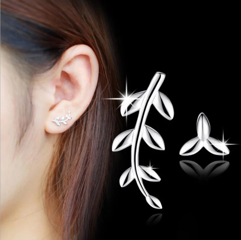 Асимметричные серьги-гвоздики с листьями дерева серебро 925 пробы | Украшения и