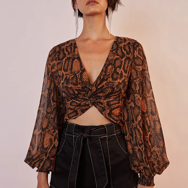 Змеиная укороченная блузка для женщин с рукавом фонариком и высокой талией