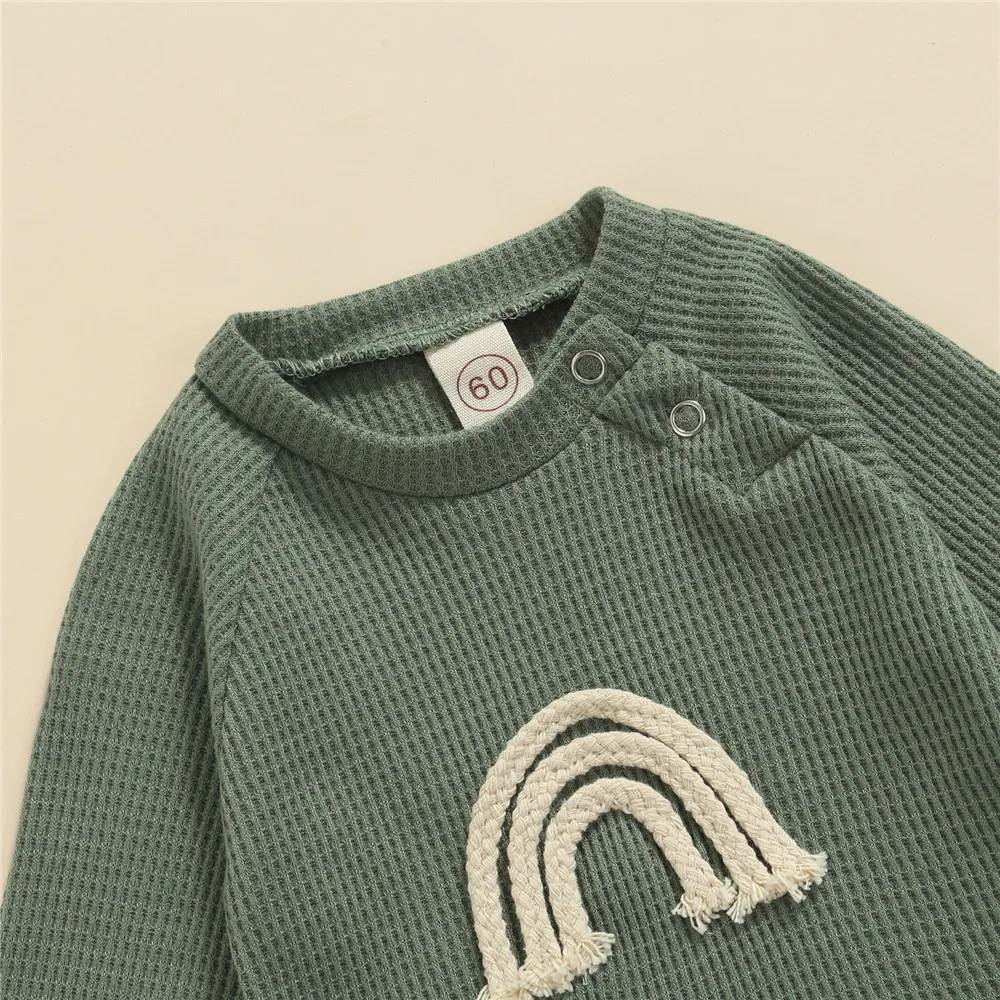 Baby Boy Girls 2Pcs Outfits Toddler Rainbow Print Waffle Knitted Long Sleeve Rompers Pants Newborn Infant Spring Autumn Clothes