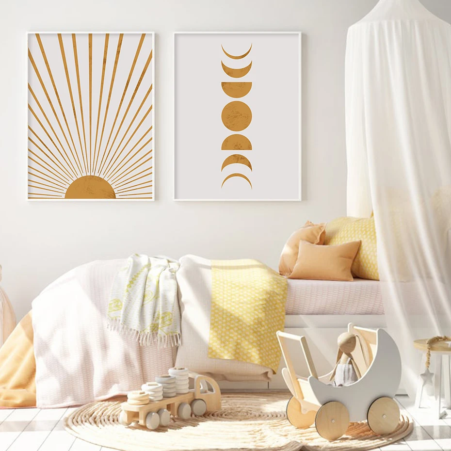 Солнце и луна фазы Бохо желтый бежевый полотно среднего века картина для детской