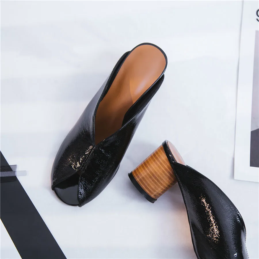 

Prova Perfetto Hot Sale Real Leather High Heel Women Slippers Peep Toe Grain Round High Heel Fashion Outside Wear Sandals Shoes