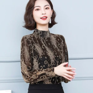 2021 new autumn large size womens mesh base shirt fashion trend half turtleneck long sleeve T-shirt