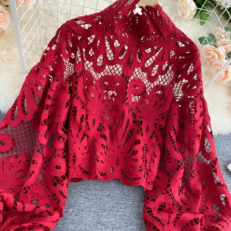 

2021 Y2k Women Sexy Casual Lace Stand Collar Short Blouse Lantern Long Sleeve Shirts Female Elegant Hollow Out Pink Loose Tops