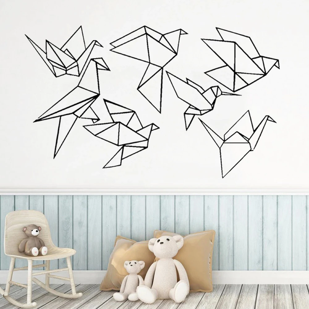 

Геометрические оригами, птицы, настенные наклейки для детской комнаты, Летающие птицы, фрески, виниловые наклейки для спальни для декора де...