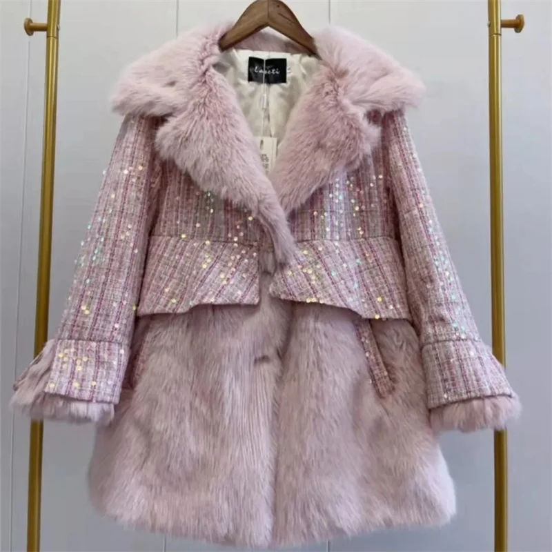 High-Quality 2022 New Ladies Temperament Coat Mid-Length Loose Sequined Coat Office Femme Winter Faux Fur Outwear Thicken Mujer
