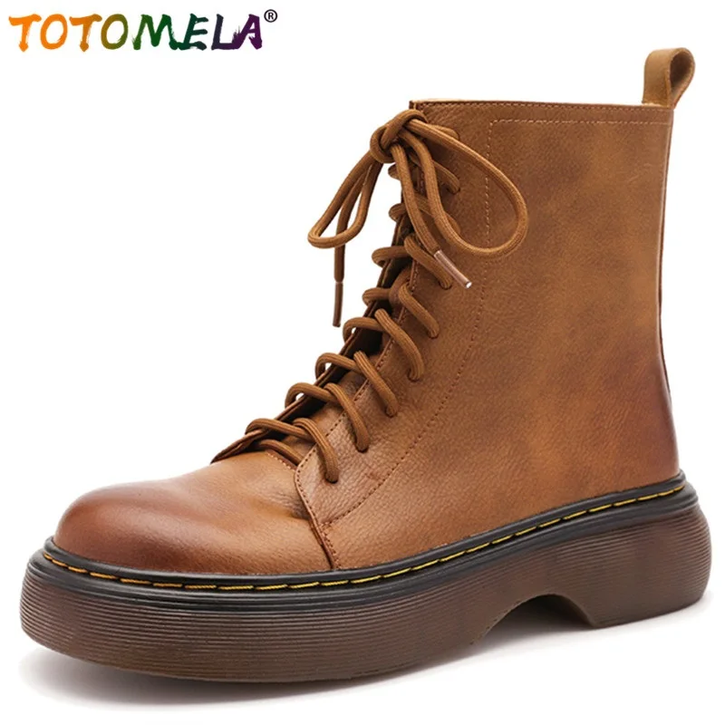 

Ботинки женские кожаные на плоской платформе, со шнуровкой и молнией