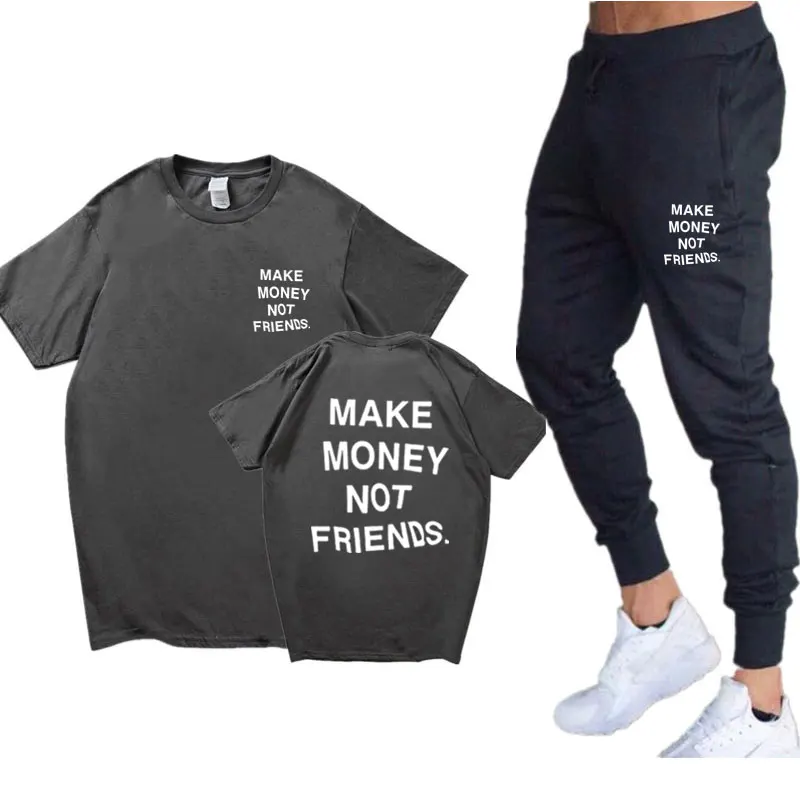 

Streetwear Men 2 Piece Set MAKE MONEY NOT FRIENDS T Shirt Sets Conjunto De Hombre Verano Cotton Short Sleeve Trousers Suit Men