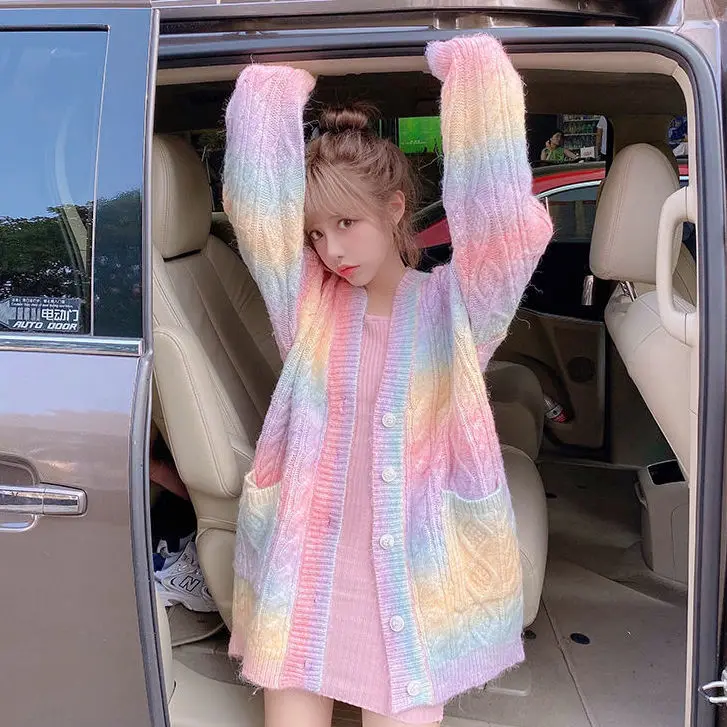 

Rainbow Cardigan Knitted Women Autumn winter Sweet Kawaii Sweater Coat Female long Korean Button Down Cardigan Fall 2022 Women