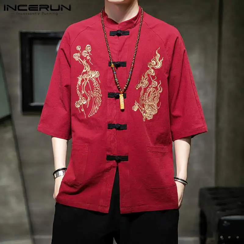 

Chinese Style Men Shirt Printed Stand Collar Half Sleeve Casual Cotton Tang Suit 2021 Streetwear Retro Men Clothing INCERUN 5XL