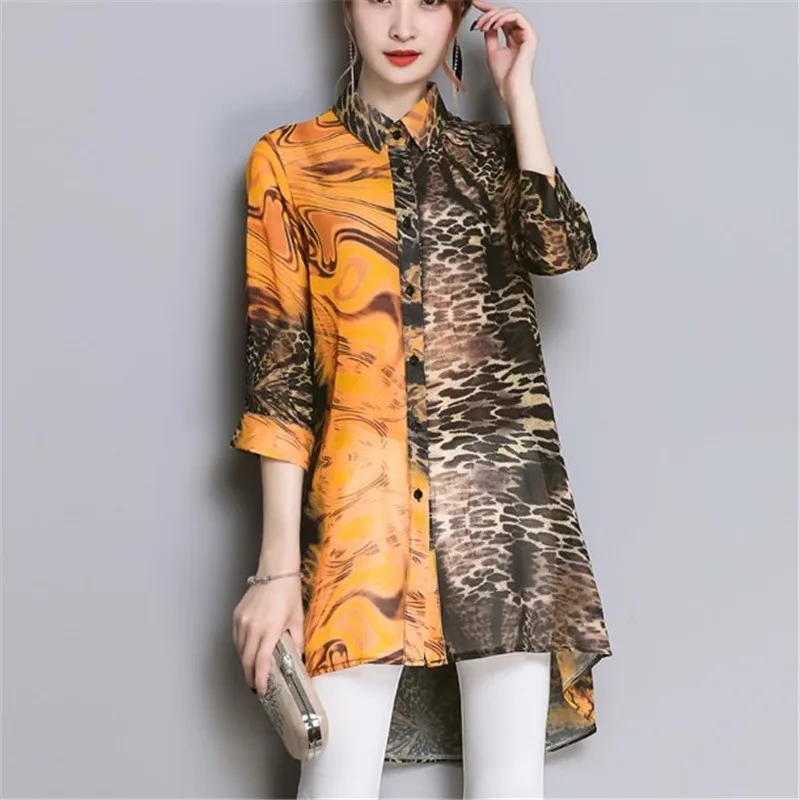 Женская шифоновая блузка с леопардовым принтом Длинная тонкая рукавом 3/4 и