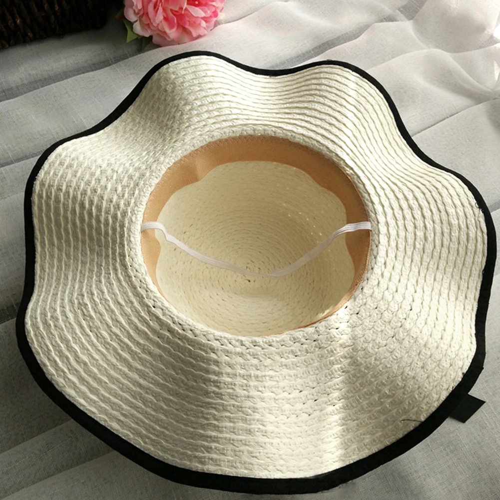 

Women Bowknot Straw Weave Wavy Wide Brim Sunscreen Outdoor Beach Sunhat Cap Hat Anti Uv cap girls Sun Hat Panama Hat