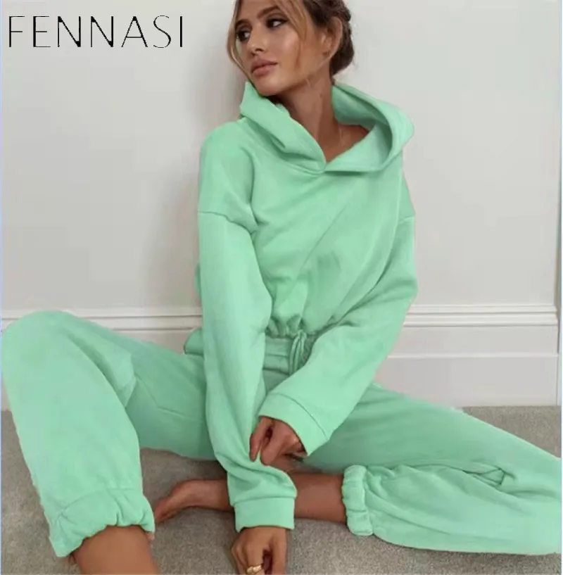 

FENNASI 2021 Women's Clothing Two Piece Set Tracksuit Casual Solid Color Long Sleeved Hoodie Trousers Sweatershirt Sports Suit