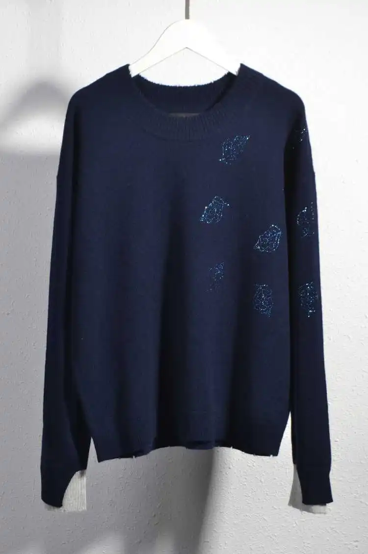

Woman Navy Sweater Round Neck Leaves Strass Embellished Fashion Cashmere Jumper 2021FW New Knitwear High Quality