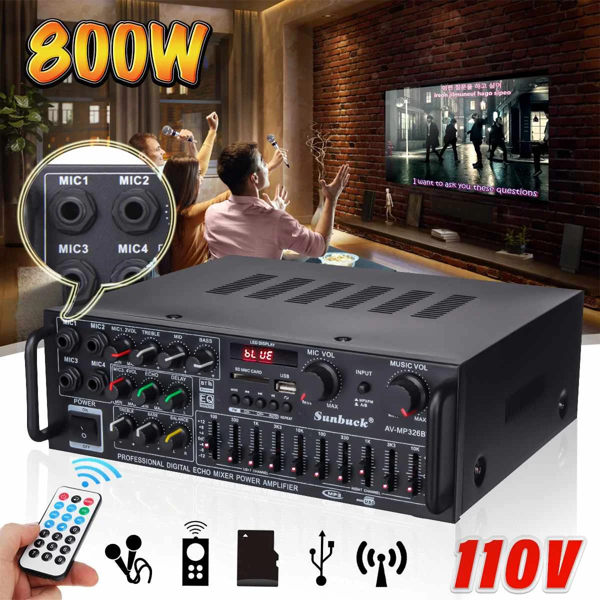 

2Channel Bluetooth Amplifier Home Digital Amplifiers Audio 110V Bass Audio Power Hifi FM USB SD LED For Subwoofer Speakers