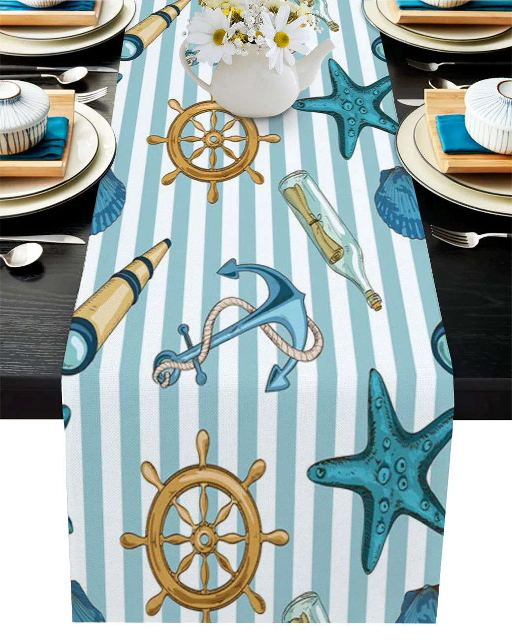 

Anchor Starfish Stripes Table Runner Wedding Table Decoration Home Decor Kitchen Table Runners And Placemats