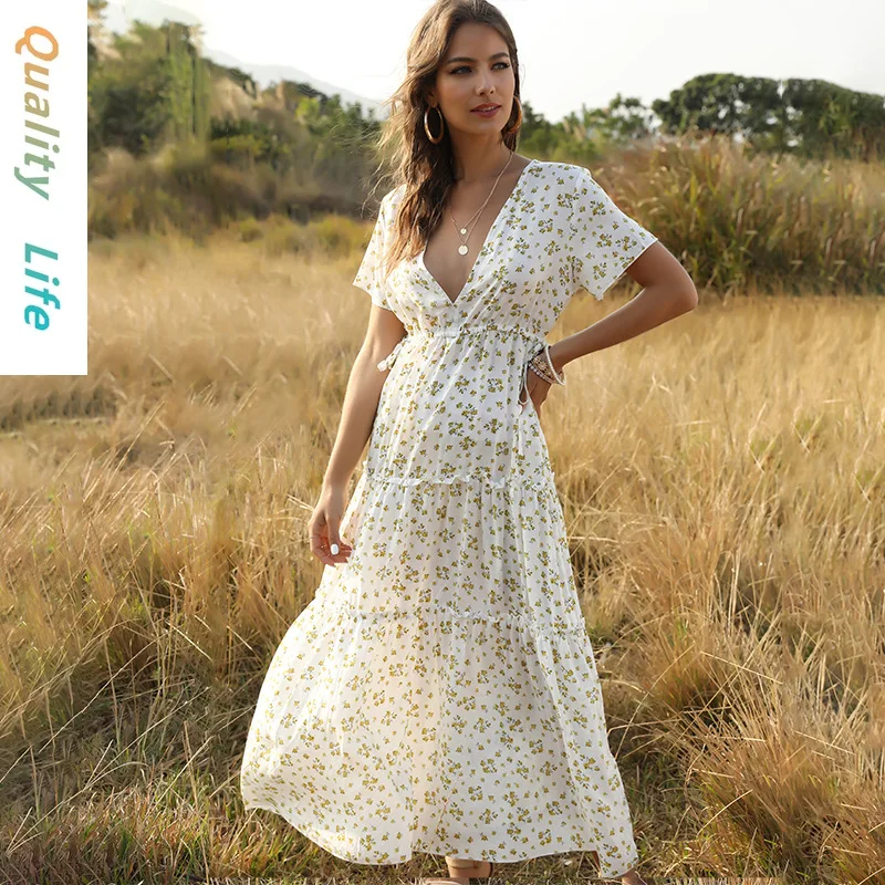 

2021 New Amazon Cross-border European and American Women's Ruffled Floral Bohemian Dress Women