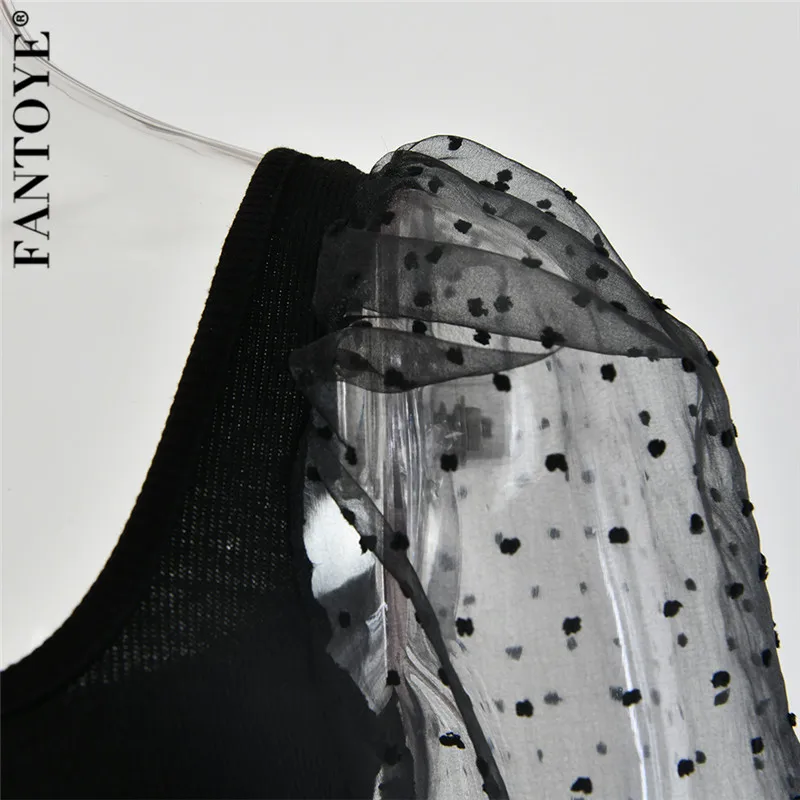 FANTOYE, новинка, женский топ с рукавами-фонариками, прозрачный, короткий топ, рубашки, Осенние, сексуальные, в горошек, кружевные, Короткие топы, для девушек, офис, тонкая уличная одежда