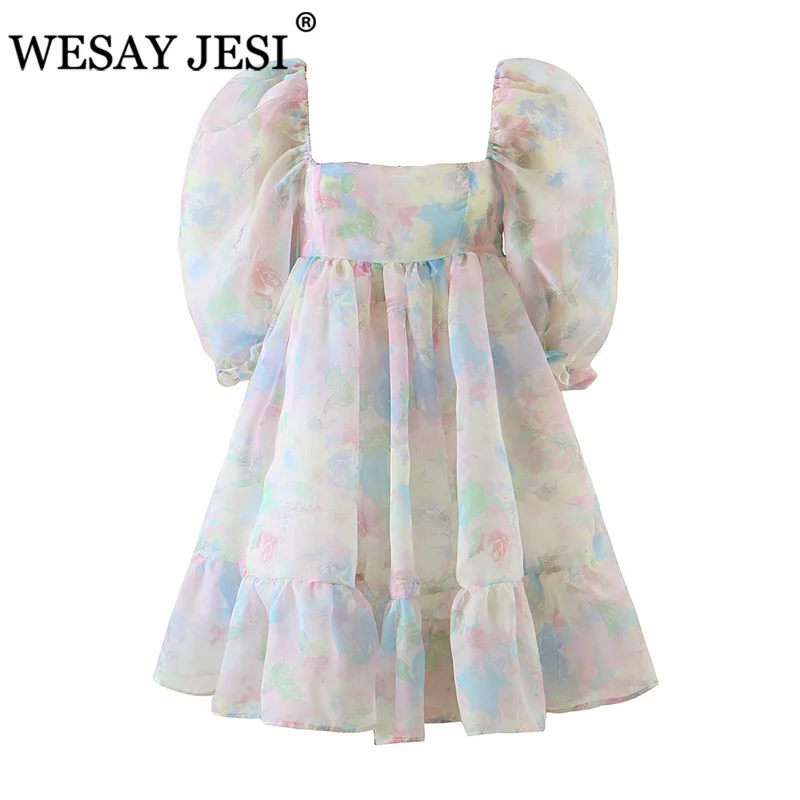 

WESAY JESI Women Clothing Dress TRAF ZA 2021 Sweet Floral Print Organza Princess Party Dress Sexy Square Neck Puff Sleeve Dress