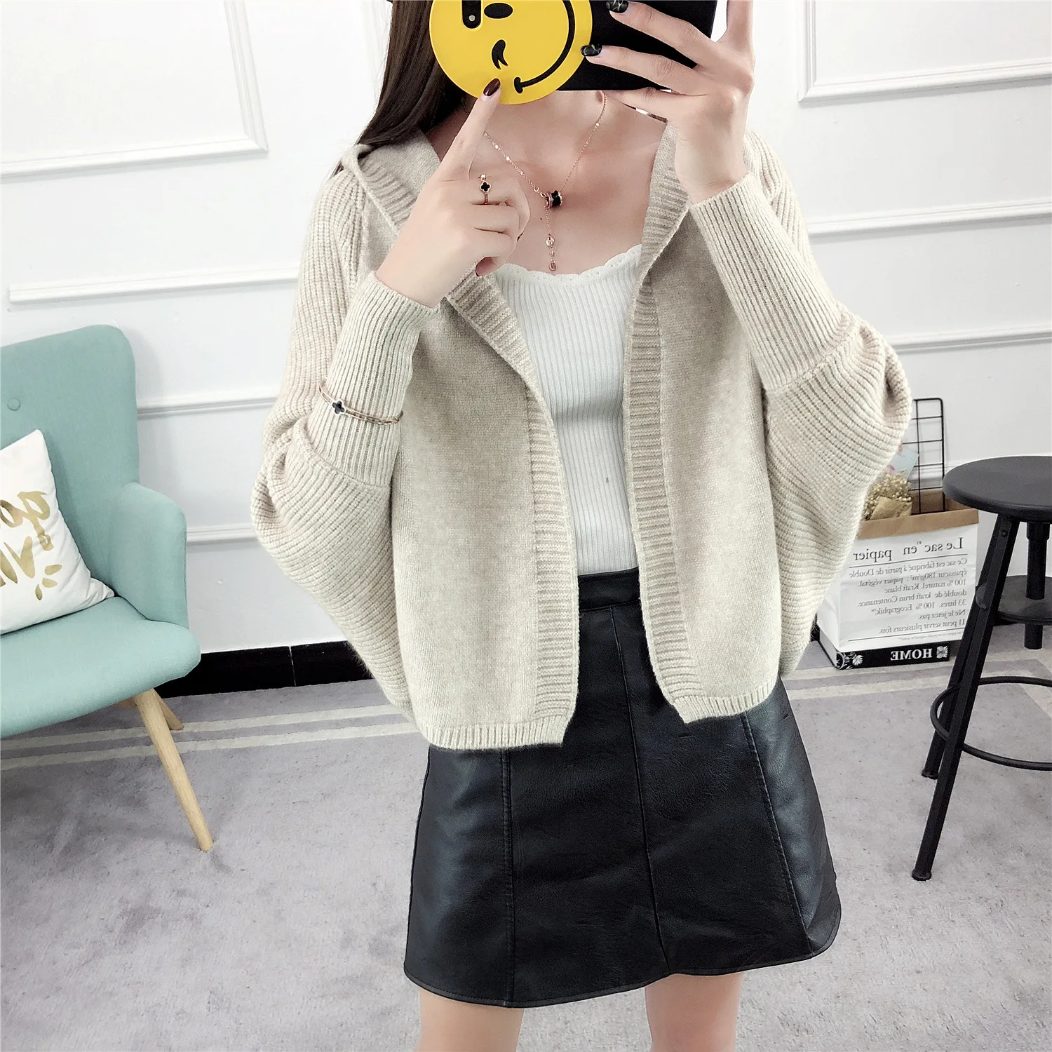 Кардиган свитер для женщин рукав летучая мышь с капюшоном сплошной цвет вязаный