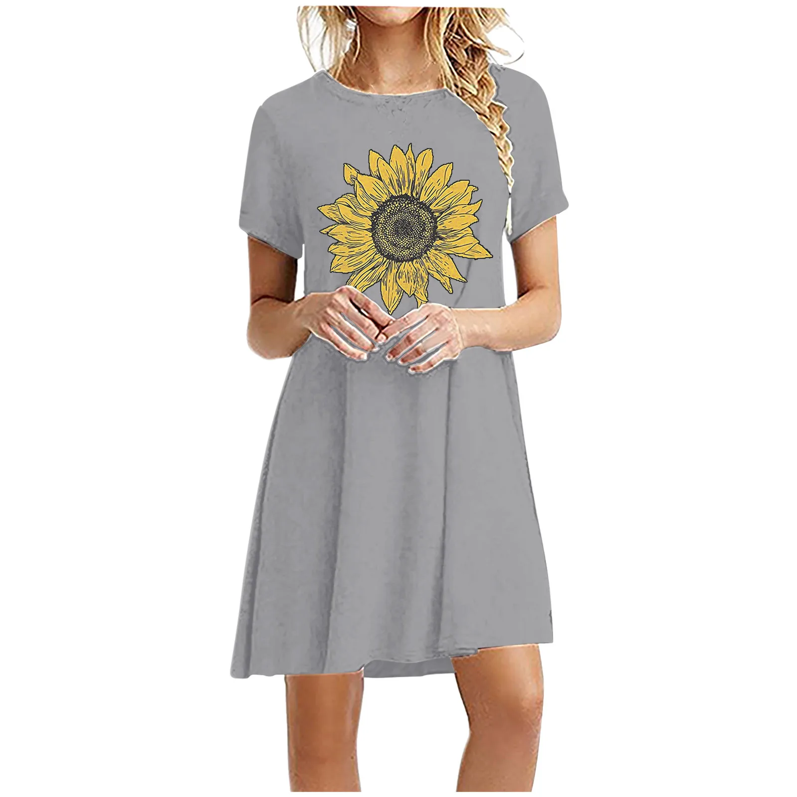 

Fashion Women Casual Short Sleeve O-Neck Solid Ladies Loose Mini Dress Sunflower print short round neck short sleeve dress