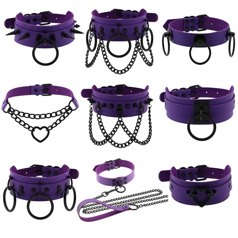 

Fashion Gothic Purple Rivet Studded Choker Necklace Black Metal Round Ring and Chain PU Leather Women Collar Jewelry Accessoires