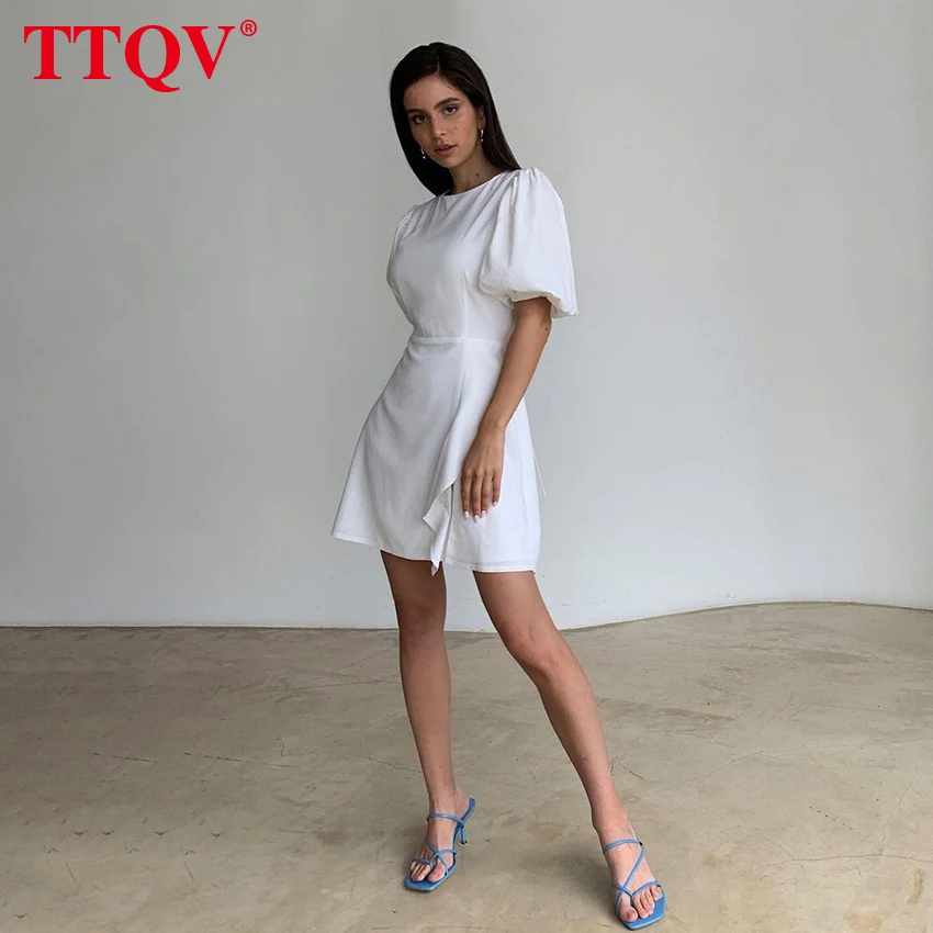 

Пикантное женское платье TTQV с О-образным вырезом и открытой спиной, с пышными рукавами, зеленое однотонное повседневное летнее женское бело...