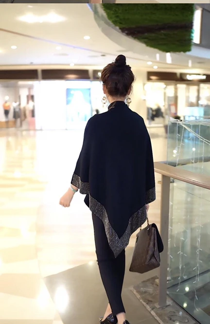 New Autumn Fashion Winter Diamonds Knit Shawl Cloak Loose Plus Size Solid Woman Poncho Cape Pullover Sweater Gray