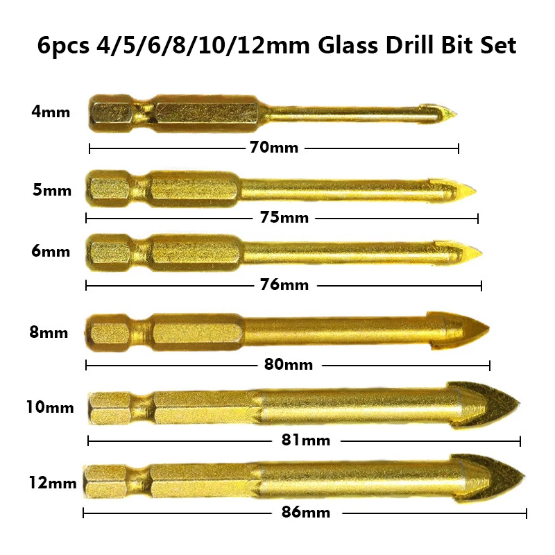 6pcs 4 5 6 8 10 12mm 1/" набор сверл с шестигранным хвостовиком из карбида вольфрама для стекла 3-12 мм с титановым покрытием для керамической плитки - Цвет: 6pcs 4 5 6 8 10 12mm