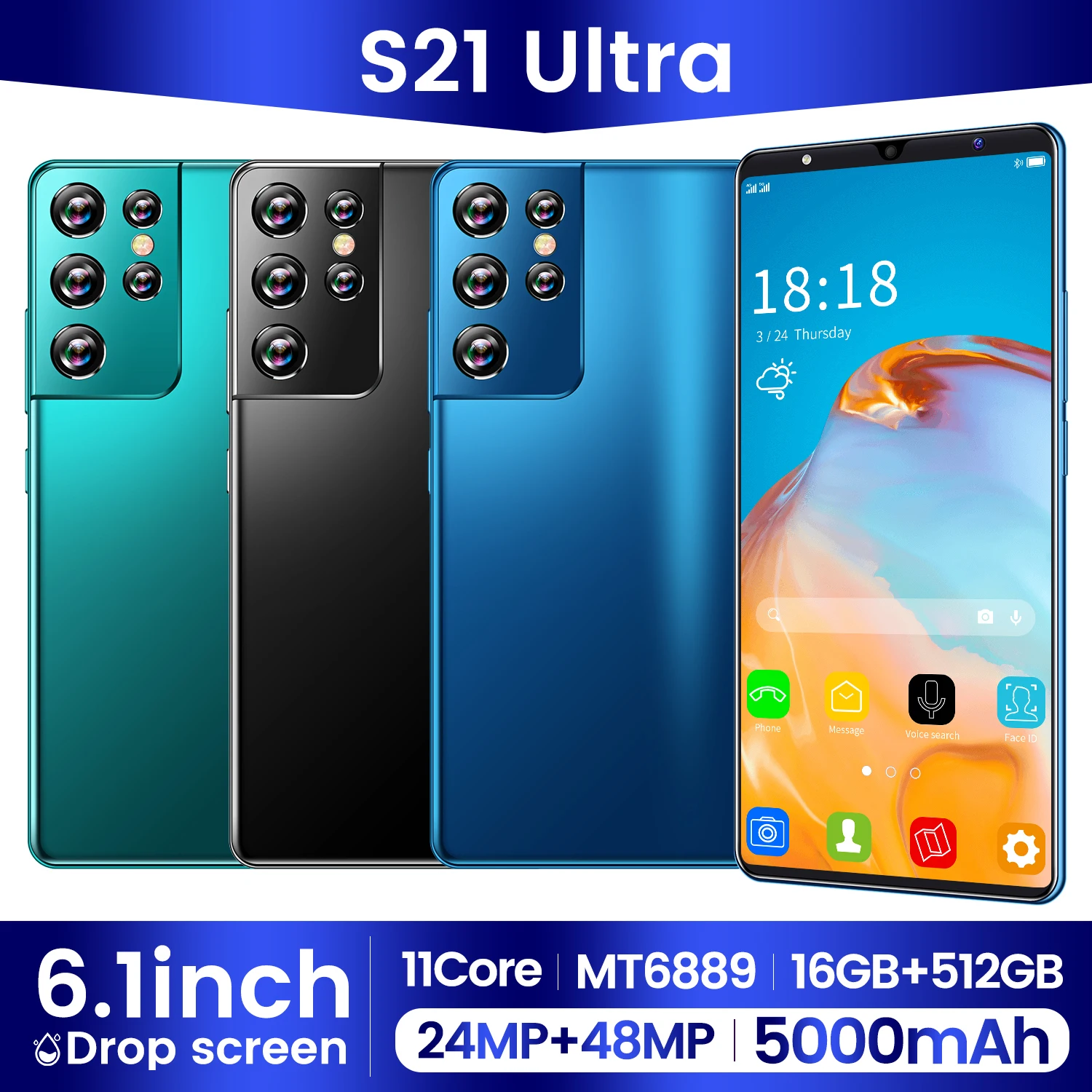 

S21 Ultra Smartphone Global Version 6.1inch 24MP+48MP Camera 5800mAh 16+512G Dual SIM Support T-Flash Card 5G Cellphone